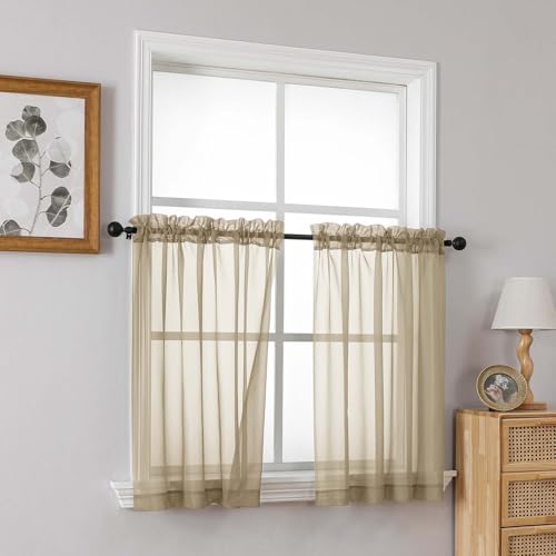 Taupe Small Sheer Curtains Tier 24 Inches Length 2 Pieces (42"W x 24"L (Pack of 2) / Taupe)