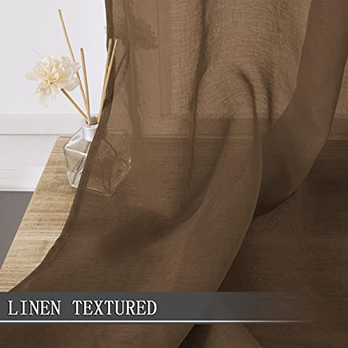 Short Sheer Curtains Linen Textured Bedroom Curtain Sheers Light Filtering Rod Pocket Voile Curtains for Living Room (54"W x 45"L (Pack of 2) / Brown)