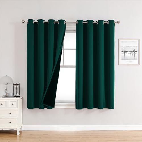 100% Blackout Curtains for Bedroom 63 Inches Long 2 Panels Set (52"W x 63"L (Pack of 2) / Forest Green)
