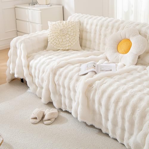 White Sofa Covers Dog Couch Cover Rabbit Plush L Shaped Couch Covers Faux Fur Sofa Slipcovers for 3 Seat Cushion Couches Shaggy Couch Cover Blanket Washable Thick Soft (71" x 150" / Z-plush:white)