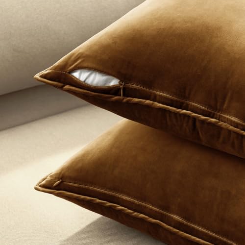 Decorative Golden Brown Velvet Lumbar Throw Pillow Covers 12x20 Inch (20" x 12" (Pack of 2) / Golden Brown)