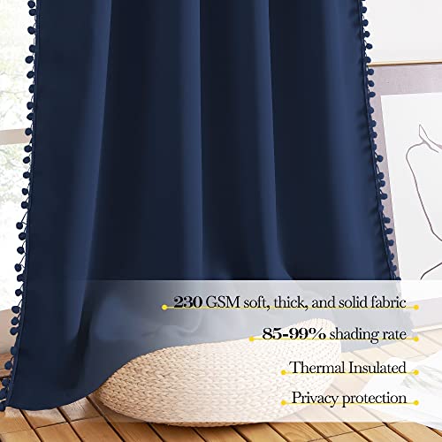 Navy Blue Blackout Curtains with Pompoms (Midnight Blue / 52"W x 84"L (Pack of 2))