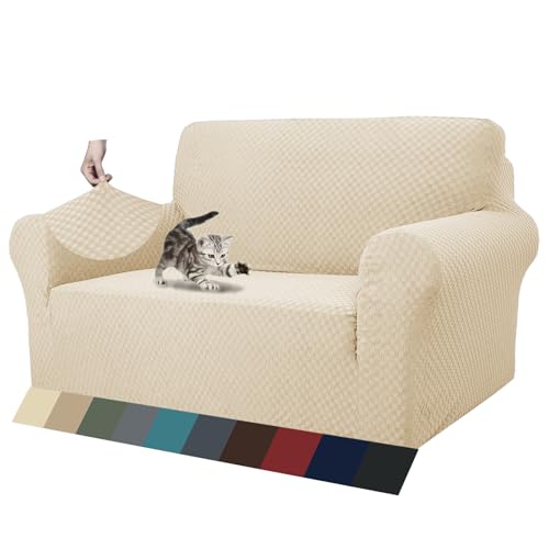 1 Piece Jacquard Couch Covers for 2 Cushion Couch High Stretch Loveseat Slipcover for Pets Dogs Anti Slip Love Seat Sofa Slipcover Furniture Protector (Medium (55"-69") / Light Beige)