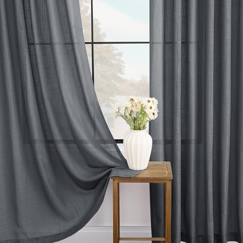 Dark Gray Curtains for Living Room Back Tab Modern Farmhouse Semi Sheer Gray Curtains 45 inches Long 2 Panels Set Muted Neutral Window Curtain for Dining Room Bedroom 52x45 (Dark Gray / 52"W x 45"L (Pack of 2))