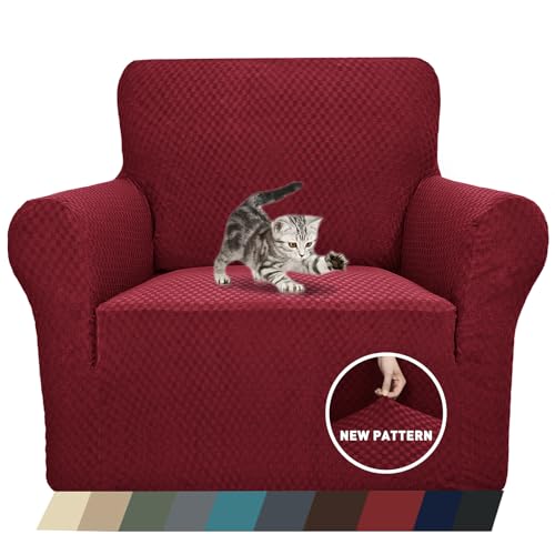1 Piece Jacquard Chair Slipcovers for Living Room High Stretch Chair Covers with Arms Anti Slip Pets Friendly Couch Sofa Armchair Cover Furniture Protector (Small (31"-46") / Wine Red)