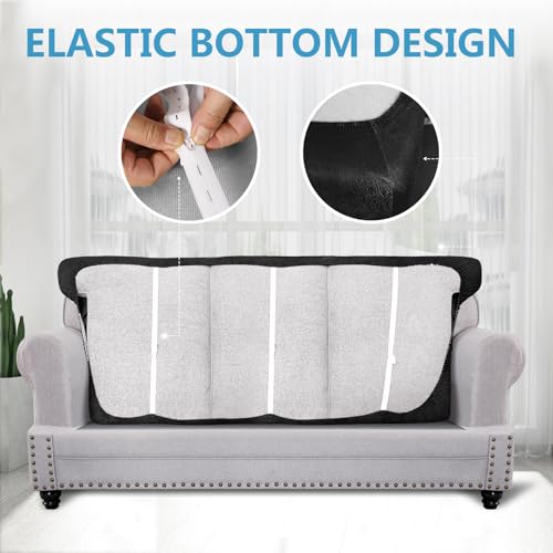 Leather Look Couch Cushion Covers Sofa Seat Slipcovers Sets Couches Furniture Protector for Sectional Armchair Loveseat Pets Kids Stretch Spandex Fabric (3 T-Cushion Sofa / Black)