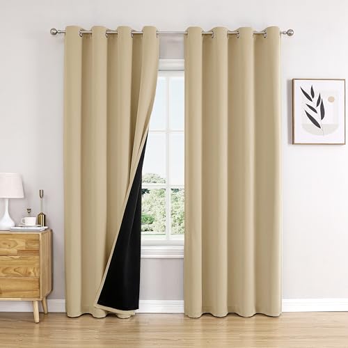 100% Blackout Curtains for Bedroom 95 Inches Long 2 Panels Set (52"W x 95"L (Pack of 2) / Beige)