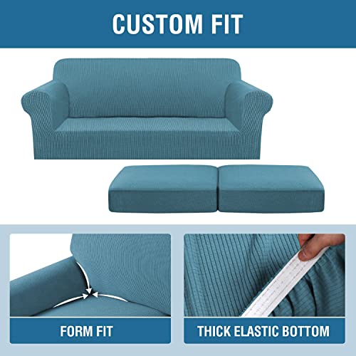 3 Piece Stretch Sofa Covers for 2 Cushion Sofa Couch Covers for Living Room Furniture Cover (Medium-XL / Storm Blue)