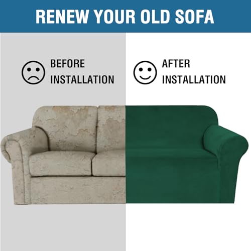 Stretch Velvet Loveseat Covers for 2 Cushion Couch Covers for Living Room Sofa Covers Slipcovers with Non Slip Straps Bottom (Christmas Green / Loveseat)