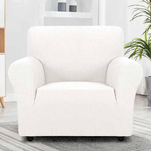 Super Stretch Chair Slipcover Universal Sofa Chair Covers for Living Room Dogs Pet Furniture Protector Spandex Armchair Slipcovers with Anti Slip Foam Sticks (White / Small (30"-47"))
