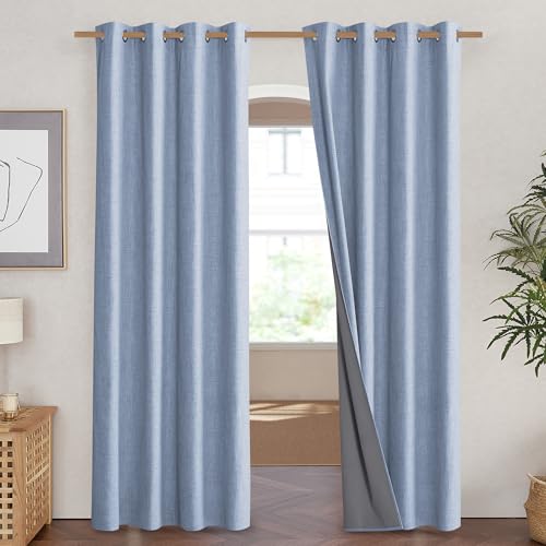 Stone Blue Vintage Linen 100% Blackout Curtains for Living Room (52"W x 90"L (Pack of 2) / Stone Blue)