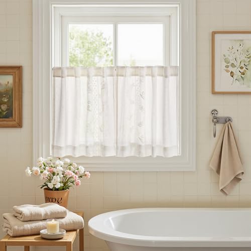 White Floral Linen Kitchen Tier Curtains 24 Inch (A| Off White / 26"W x 24"L (Pack of 2))