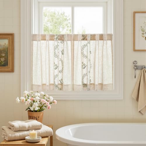 Green Floral Linen Kitchen Tier Curtains 24 Inch (A| Sage / 26"W x 24"L (Pack of 2))