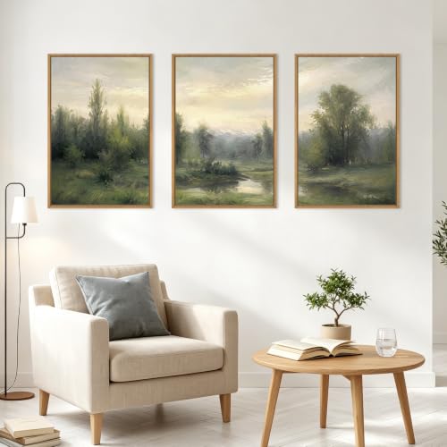 Abstract Monet Forest Canvas Wall Art 24x36 Inch Framed Sage Green Nature Painting Textured Neutral Woodland Landscape Artwork Prints Set of 3 Impressionist Pine Tree River Print for Living Room Bedroom Office (Abstract Monet Forest / 36"L x 24"W)
