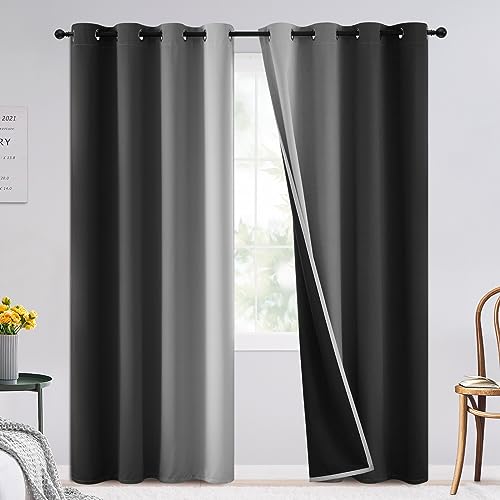 100% Blackout Ombre Bedroom Curtains Black and Greyish White (52"W x 90"L (Pack of 2) / Black With Black Back)