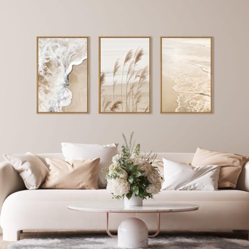 Large Beach Wave Pampas Grass Framed Canvas Wall Art Set (Pampsa Grass Wall Art / 16"L x 24"W)