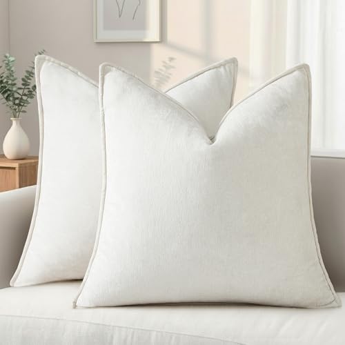 Chenille Cream White Velvet Throw Pillow Covers 20x20 Set of 2 (Cream White / 20" x 20" (Pack of 2))