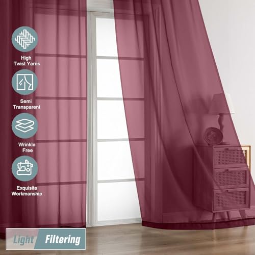 Extra Wide Sheer Curtains 90 Inches Long 2 Panels (59"W x 90"L (Pack of 2) / Burgundy)