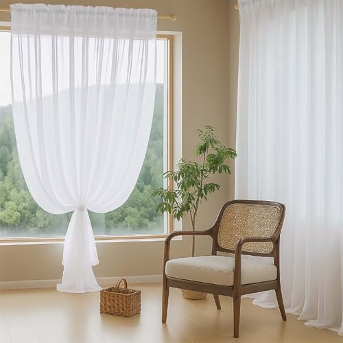 Extra Wide White Sheer Curtains for Windows 108 inches Long (59"W x 108"L (Pack of 2) / White)