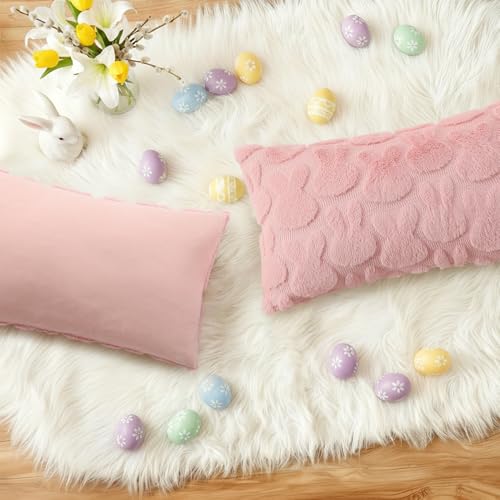 Pink Faux Fur Bunny Throw Pillow Covers 12x20 Set of 2 (20" x 12" (Pack of 2) / Rabbits Pink)