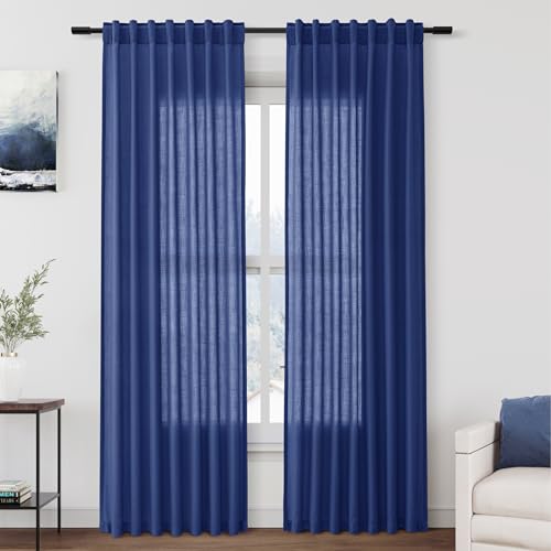 Classic Blue Linen Curtains 84 Inch Length 2 Panels Set for Living Room Rod Pocket Back Tab Light Filtering Window Drapes for Bedroom Dining Room Protect Privacy Modern Farmhouse Decor 52x84 (52"W x 84"L (Pack of 2) / Classic Blue)