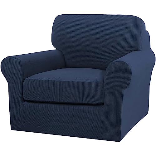 2 Piece Chair Covers Chair Slipcovers for Living Room Armchair Couch Cover Chair Sofa Cover with Individual Cushion Covers Furniture Cover for Chairs Feature Jacquard Fabric (Armchair (1 Cushion) / Navy)