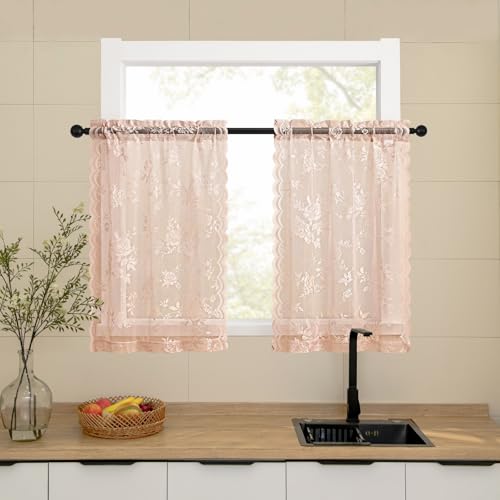Blush Pink Lace Cafe Curtains 24 Inch Length 2 Panels set Country Floral Sheer Curtains Rod Pocket Short Kitchen Decor Light Filtering Small Window Bathroom Basement RV Laundry Camper (26"W x 24"L (Pack of 2) / Blush Pink)