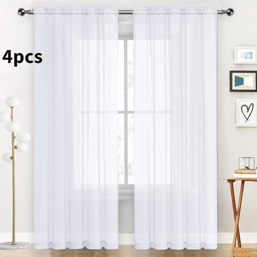 Optical White Sheer Curtains 4 Panels Rod Pocket Semi (Optical White / 52"W x 63"L (Pack of 4))