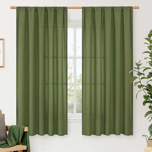 Light Filtering Linen Curtains 63 inches Long for Bedroom 2 Panels (Olive Green-1 / 52"W x 63"L (Pack of 2))