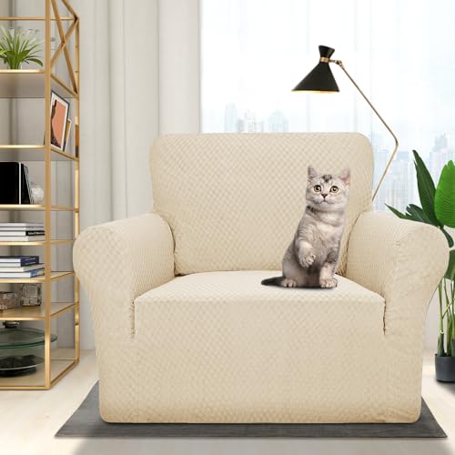 1 Piece Jacquard Chair Slipcovers for Living Room High Stretch Chair Covers with Arms Anti Slip Pets Friendly Couch Sofa Armchair Cover Furniture Protector (Small (31"-46") / Light Beige)