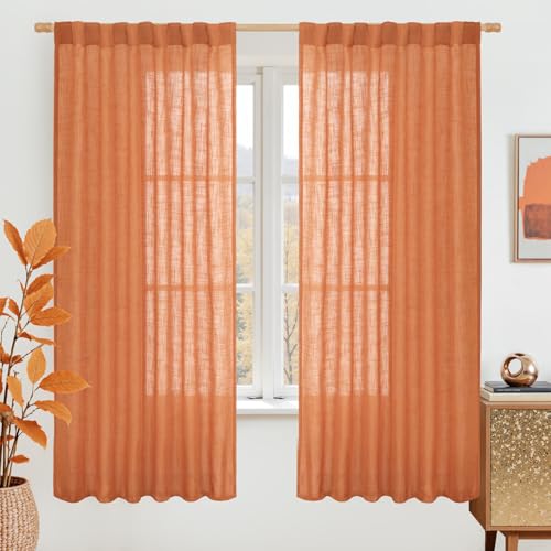 Sheer Linen Curtains 63 Inch for Bedroom 2 Panels (Burnt Orange / 52"W x 63"L (Pack of 2))