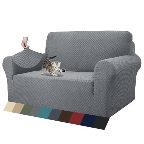 1 Piece Jacquard Couch Covers for 2 Cushion Couch High Stretch Loveseat Slipcover for Pets Dogs Anti Slip Love Seat Sofa Slipcover Furniture Protector (Medium (55"-69") / Light Grey)