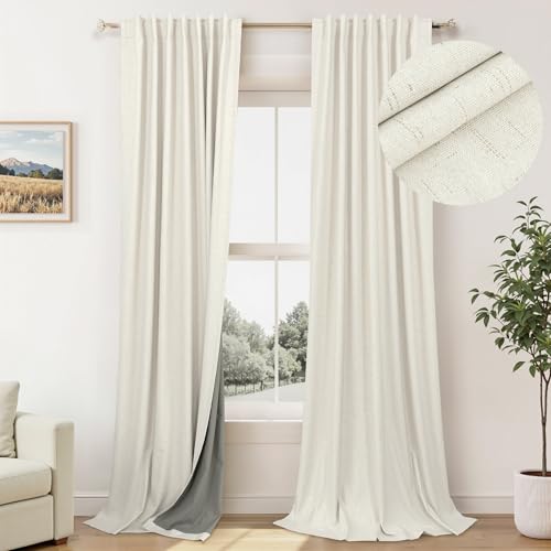 Blackout Curtains 94 Inches Long Custom Rustic for Living Dining Room Darkening Faux Linen Curtains Drapes Weather Burg Thermal Insulated Sound Draft Cold Warm Blocking Curtain No Light Cream Back Tab (Natural / 52"W x 94"L (Pack of 2))