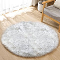 White and Grey Round Shag Rug 4ft Faux Sheepskin Fur Rugs for Living Room Small Circle Washable Plush Rug for Nursery Cute Room Décor (4' (Round) / White With Grey Tips)