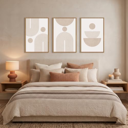 Large Boho Neutral Beige Framed Canvas Wall Art Set (Boho Beige Arch Wall Art / 24"Lx36"W)