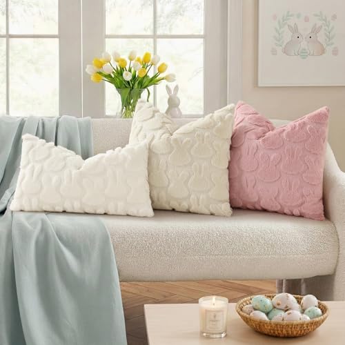 Cream White Faux Fur Bunny Throw Pillow Covers 12x20 Set of 2 (20" x 12" (Pack of 2) / Rabbits Cream White)