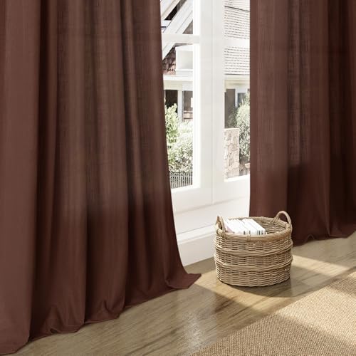 Rustic Brown Linen Curtains 90 Inch Long 2 Panels Set for Bedroom Living Room Linen Textured Window Drapes Semi Sheer Light Filtering Rod Pocket Back Tab Cotton Textured Farmhouse Curtain 52x90 (52"W x 90"L (Pack of 2) / Rustic Brown)