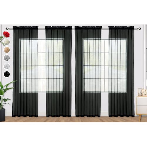 Black Sheer Curtains 4 Panels Rod Pocket Semi (Black / 52"W x 54"L (Pack of 4))