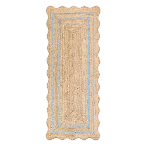 Wave Scalloped Natural Jute Runner (Sky Blue / 2'6"x6' (Runner))