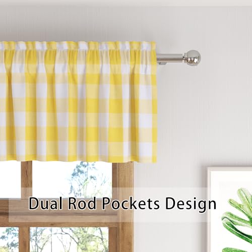 Yellow and White Short Curtains For Windows Treatment Buffalo Check Plaid Valances Gingham 2 Pack Tiers Rod Pocket Decor Small Curtains Over Sink For Kitchen (34"W x 10"L (Pack of 2) / Yellow and White)