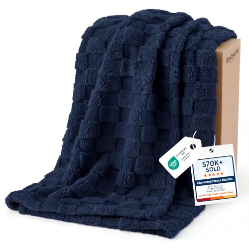 Checkered Fleece Throw Blankets for Bed (06 Navy / Throw XL (50" X 70"))