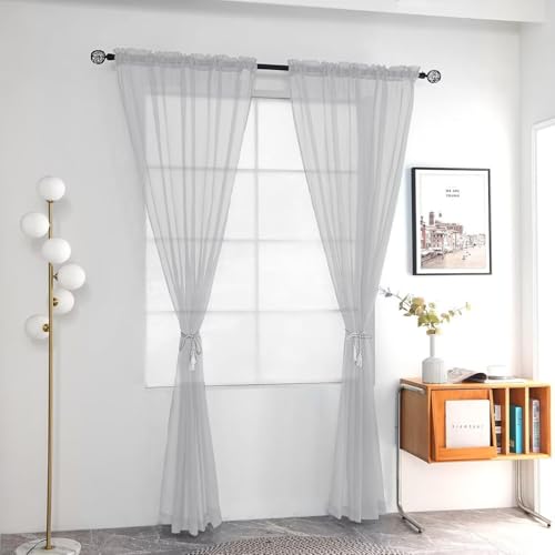 Solid Sheer Rod Pocket Curtain Voile Draperies 2 Panels White Beige Black Grey Ivory 52 Inch Width 108 Inch Long 1 Pair for Kitchen Bedroom Children Living Room Yard (Silver Grey / 52"W x 108"L (Pack of 2))