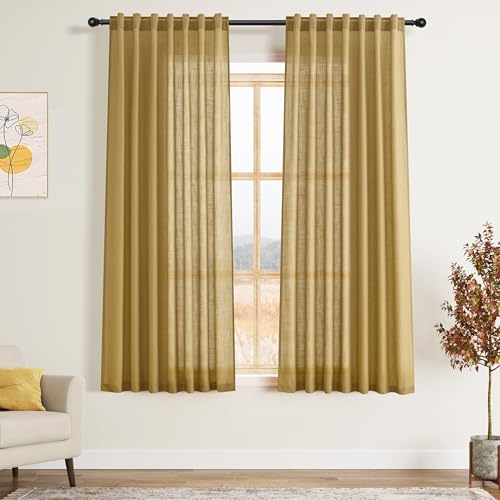 Gold Linen Curtains 63 Inches Long 2 Panel Sets for Living Room Bedroom Rod Pocket Back Tab Light Filtering Drape for Kitchen Window Short Protect Privacy Curtain Modern Farmhouse Decor 52x63 (52"W x 63"L (Pack of 2) / Gold)
