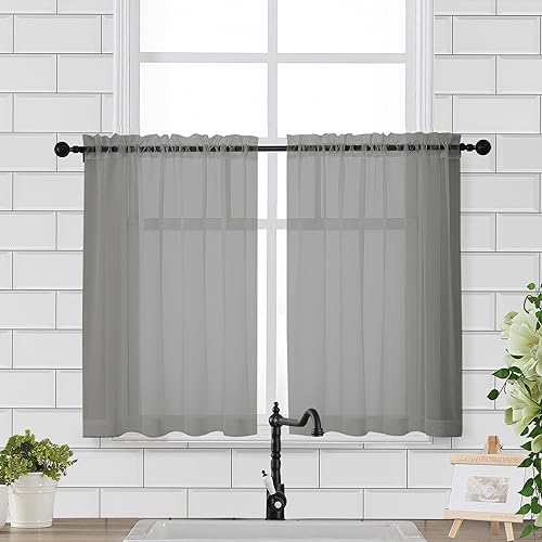 Sheer Window Curtains Tier 2 Pieces Set (Charcoal Grey / 42"W x 36"L (Pack of 2))