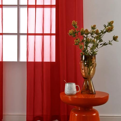 Sheer Voile Window Treatment Rod Pocket Curtain Panels for Kitchen Bedroom Living Room Drapes Sunlight Filtering Privacy Semi Home Decor Assorted (Christmas Red / 52"W x 108"L (Pack of 2))