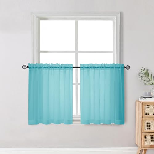 Short Aqua Sheer Curtains 30 Inch Length 2 Panels Set (Aqua / 42"W x 30"L (Pack of 2))