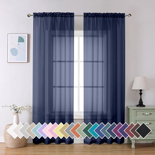 Navy Blue Sheer Curtains 90 inch Length 2 Panels Set (42"W x 90"L (Pack of 2) / Navy Blue)