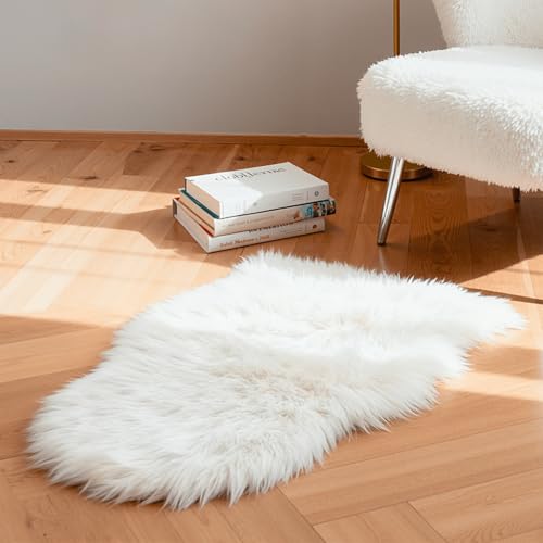 Faux Fur Rug Sheepskin Shag Fluffy Fuzzy White 2x3 ft Small Rugs for Bedroom Bedside Bed Floor Living Room Plush High (2' x 3' (Sheepskin) / White)