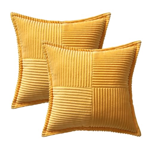 Golden Yellow Corduroy Pillow Covers 16x16 Inch with Splicing Set of 2 Soft Boho Striped Pillow Covers Broadside Decorative Textured Summer Pillowcases for Couch Cushion Bed Livingroom (Golden Yellow / 16" x 16" (Pack of 2))