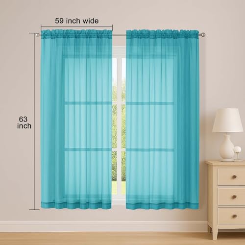 Turquoise Sheer Curtains 63 Inches 2 Panels for Living Room 59" Wide (Turquoise / 59"W x 63"L (Pack of 2))